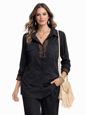 Alexandra Rosati Womens Black Embroidered Cutout Back Western Shirt Size M